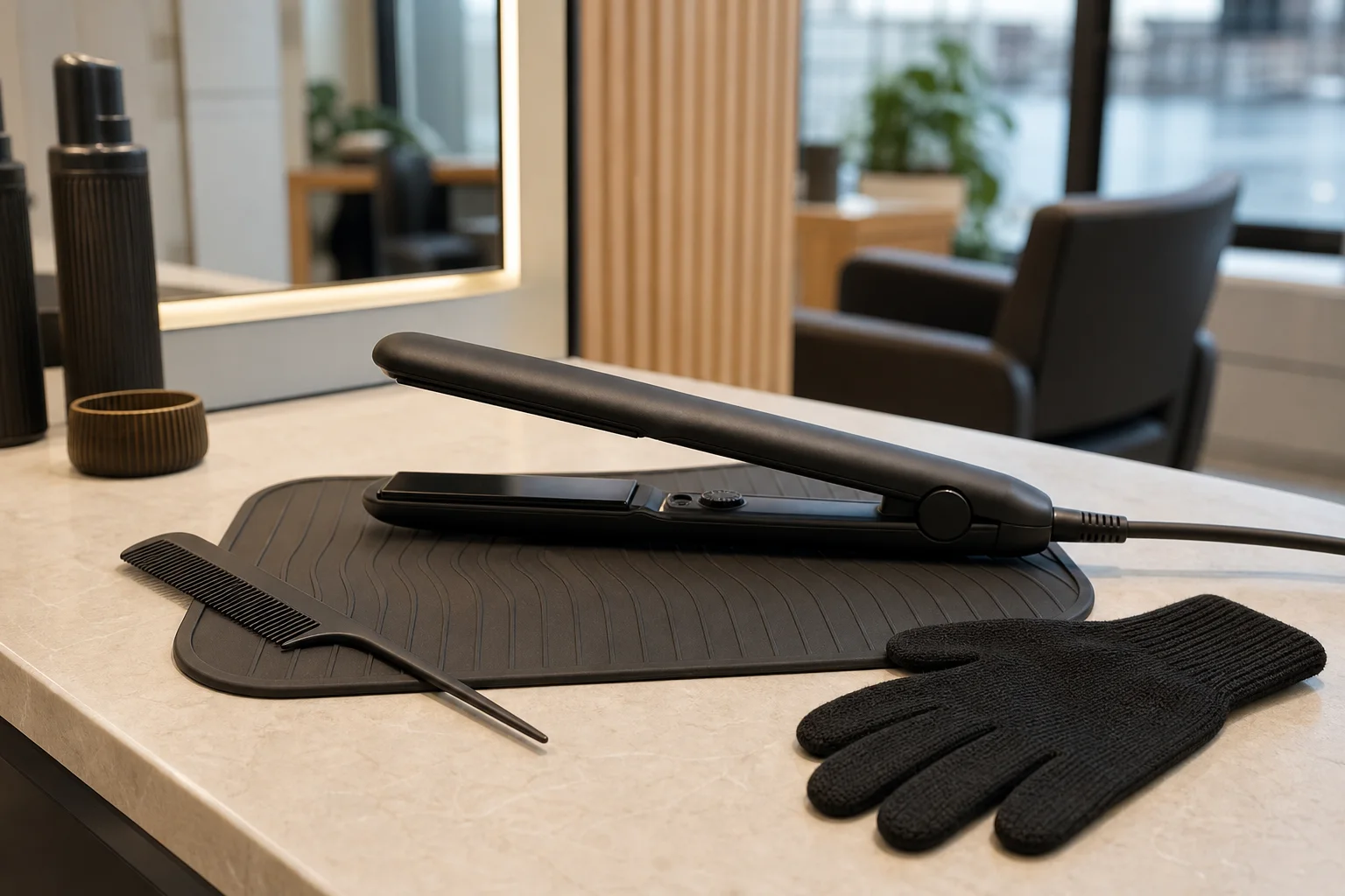 Plattång på värmetålig matta med sektioneringskam och värmehandske