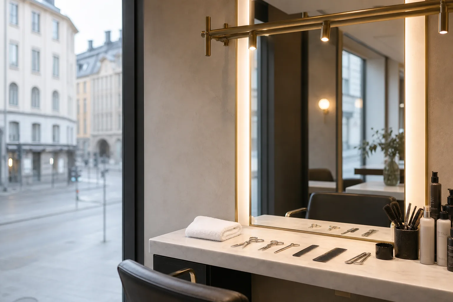 Upplyst spegelstation med frisörverktyg i en Stockholmssalong