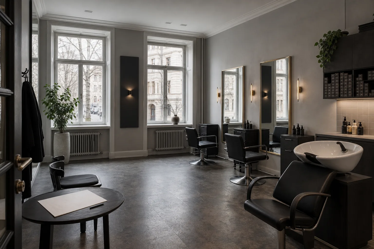 Planerad salongsinredning med två arbetsstationer, tvättplats och fria gångytor