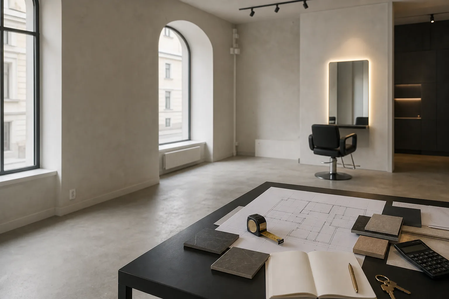 Planritning, måttband och materialprover i en blivande salongslokal